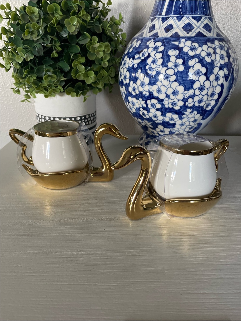 New Grace Teaware White Gold Swan Teacup Saucer Set 6" Gift Porcelain Wedding